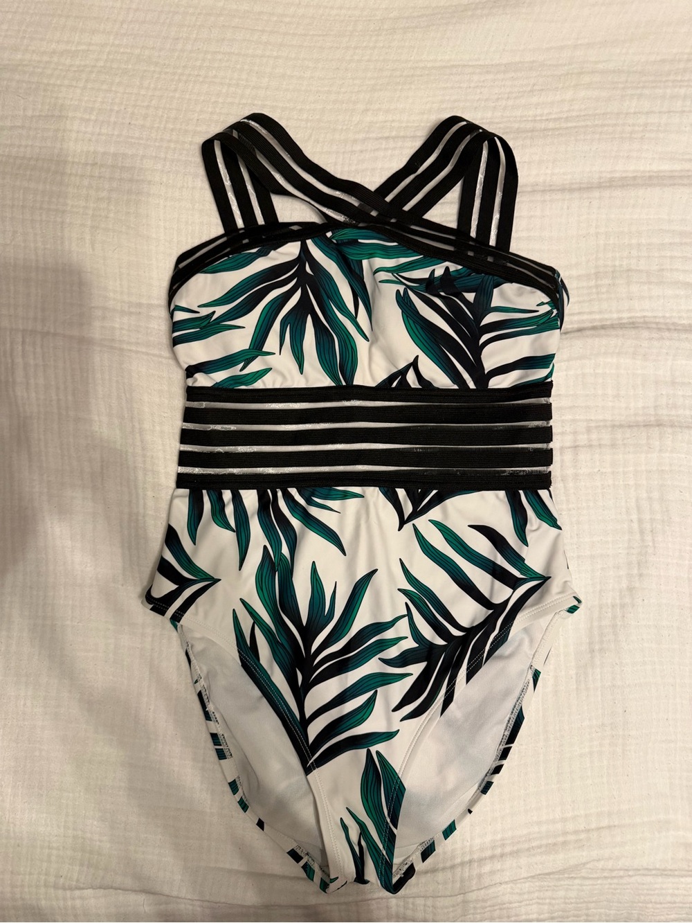 Tropical Leaf One-Piece Swimsuit with Black Striped Waistband